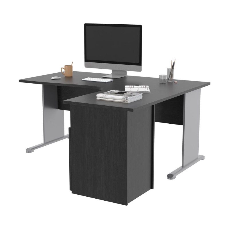 Pack Bureau d'angle compact retour à droite Pronto Bois - L.160 x P.100 cm - Plateau Noir - Pieds L Aluminium + Caisson hauteur bureau