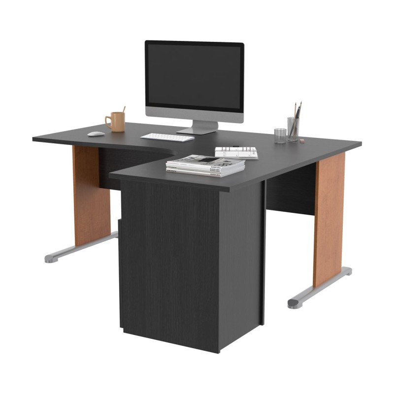 Pack Bureau d'angle compact retour à droite Pronto Bois - L.160 x P.100 cm - Plateau Noir - Pieds L Aulne + Caisson hauteur bureau