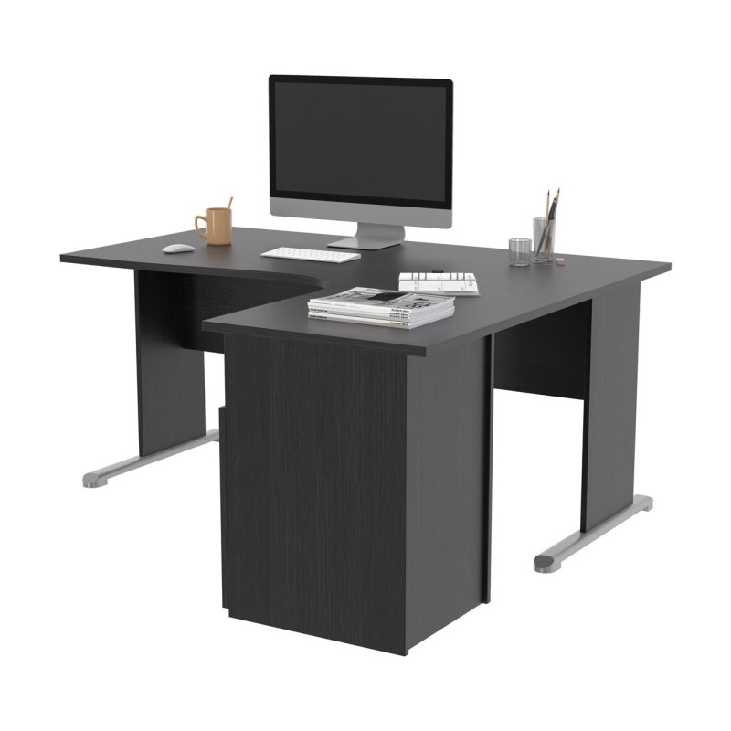 Pack Bureau d'angle compact retour à droite Pronto Bois - L.160 x P.100 cm - Plateau Noir - Pieds L Noir + Caisson hauteur bureau