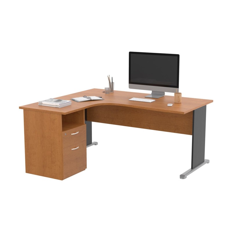 Pack Bureau d'angle compact retour à gauche Pronto Bois - L.160 x P.100 cm - Plateau Aulne - Pieds L Noir + Caisson hauteur bureau