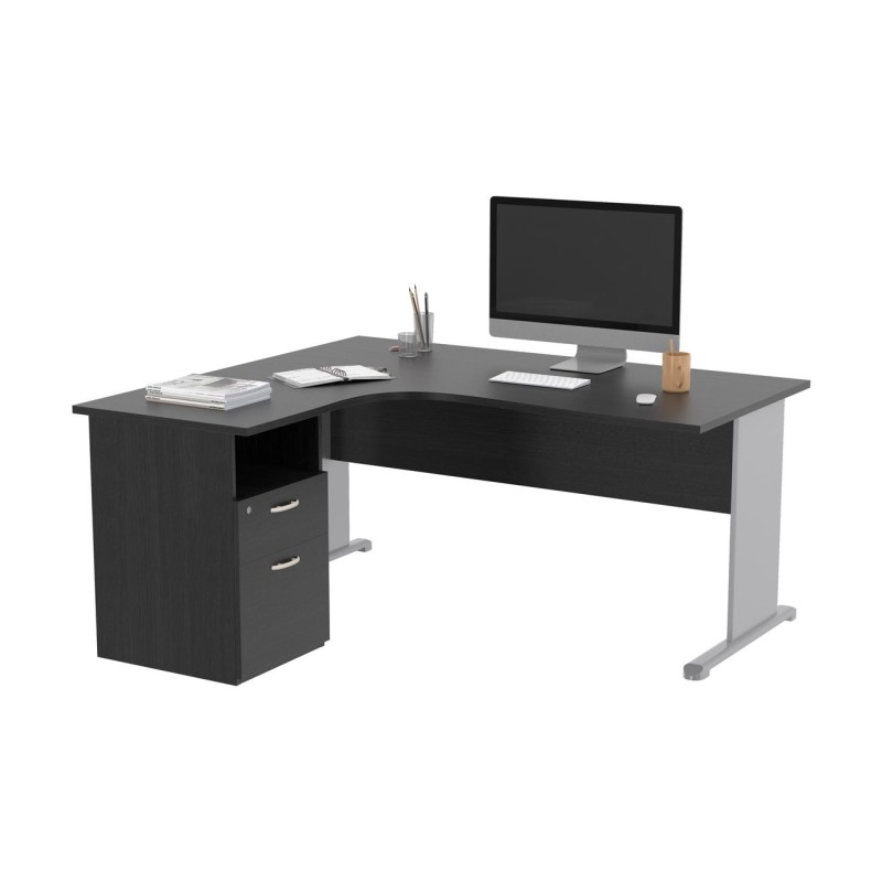 Pack Bureau d'angle compact retour à gauche Pronto Bois - L.160 x P.100 cm - Plateau Noir - Pieds L Aluminium + Caisson hauteur bureau