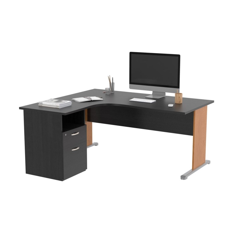 Pack Bureau d'angle compact retour à gauche Pronto Bois - L.160 x P.100 cm - Plateau Noir - Pieds L Aulne + Caisson hauteur bureau
