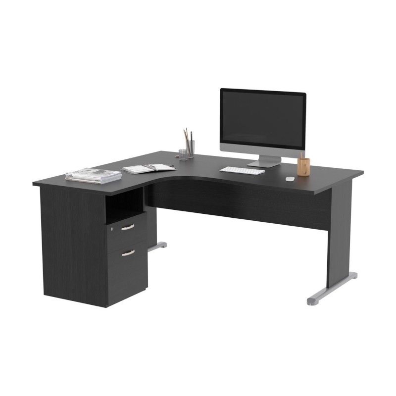 Pack Bureau d'angle compact retour à gauche Pronto Bois - L.160 x P.100 cm - Plateau Noir - Pieds L Noir + Caisson hauteur bureau