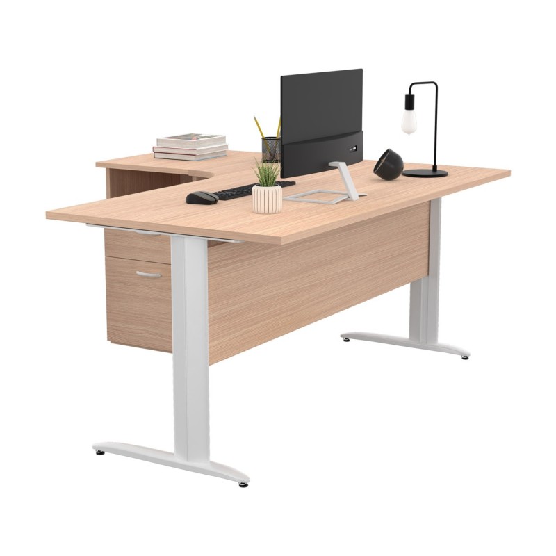 Pack Bureau d'angle compact retour à gauche Pronto Métal - L.160 x P.100 cm - Plateau Chêne - Pieds L Blanc + Caisson hauteur bureau