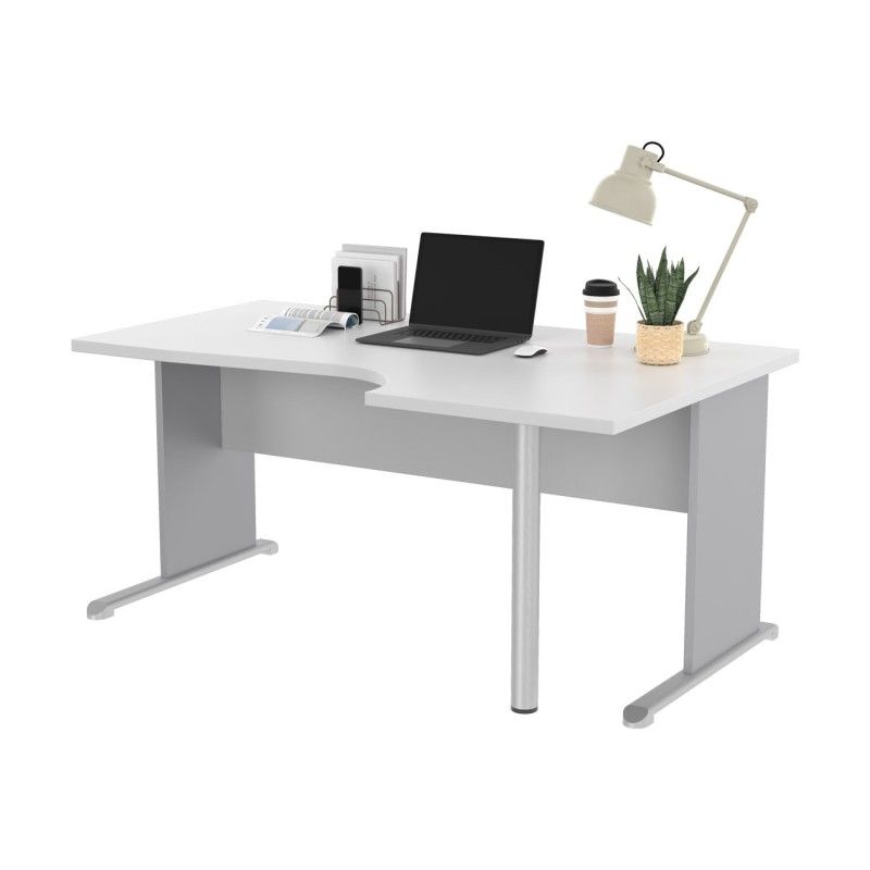 Bureau d'angle compact retour à droite Pronto Bois - L.160 x P.100 cm - Plateau Blanc - Pieds L Aluminium
