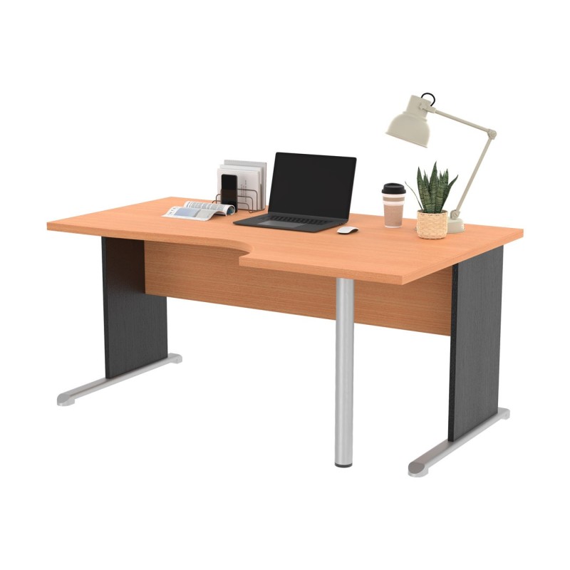 Bureau d'angle compact retour à droite Pronto Bois - L.160 x P.100 cm - Plateau Hêtre - Pieds L Noir