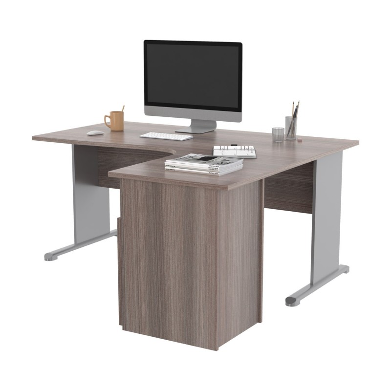 Pack Bureau d'angle compact retour à droite Pronto Bois - L.160 x P.100 cm - Plateau Cendre - Pieds L Aluminium + Caisson hauteur bureau