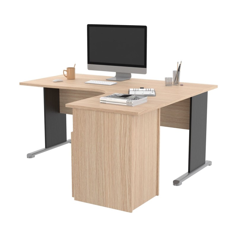 Pack Bureau d'angle compact retour à droite Pronto Bois - L.160 x P.100 cm - Plateau Chêne - Pieds L Noir + Caisson hauteur bureau