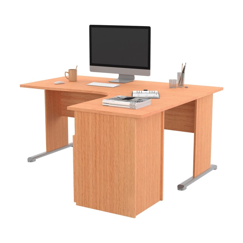 Pack Bureau d'angle compact retour à droite Pronto Bois - L.160 x P.100 cm - Plateau Hêtre - Pieds L Hêtre + Caisson hauteur bureau