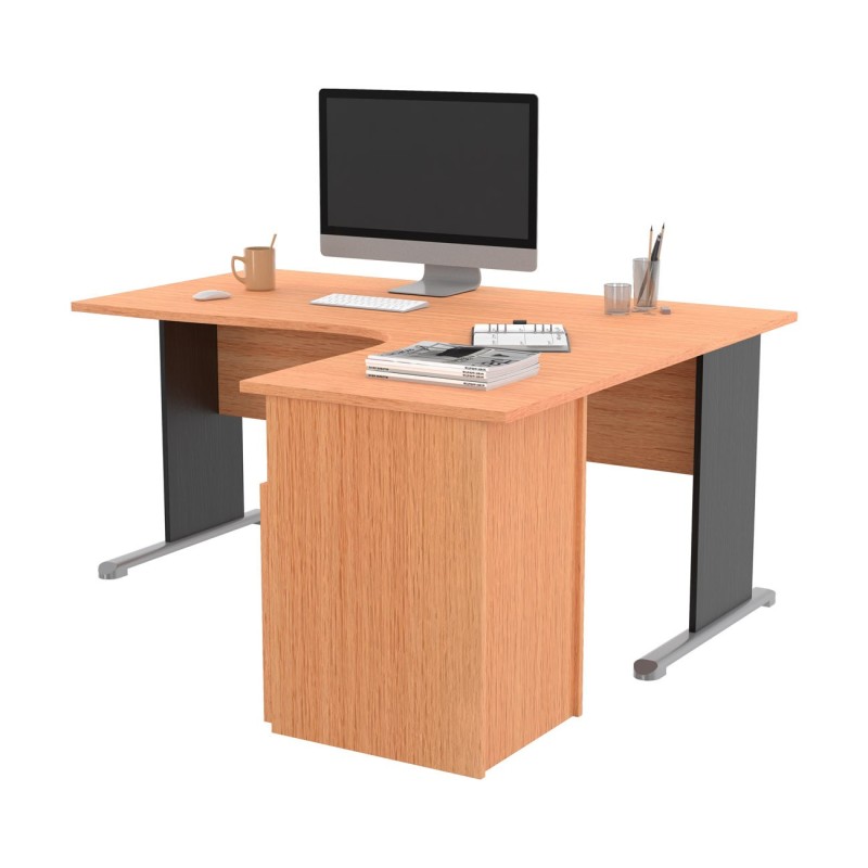 Pack Bureau d'angle compact retour à droite Pronto Bois - L.160 x P.100 cm - Plateau Hêtre - Pieds L Noir + Caisson hauteur bureau