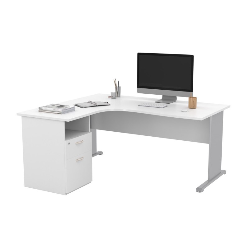 Pack Bureau d'angle compact retour à gauche Pronto Bois - L.160 x P.100 cm - Plateau Blanc - Pieds L Aluminium + Caisson hauteur bureau