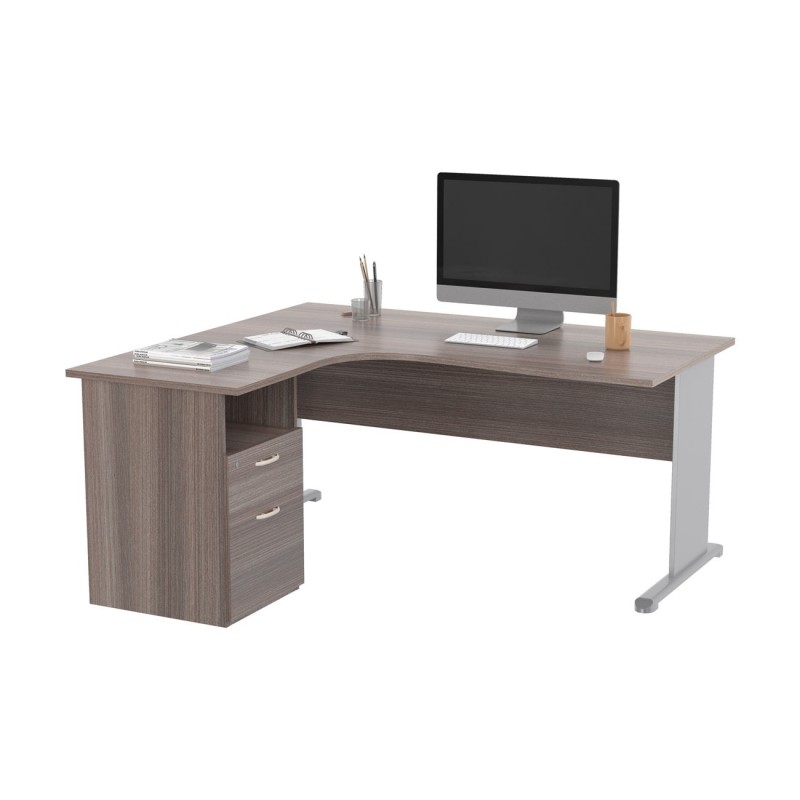 Pack Bureau d'angle compact retour à gauche Pronto Bois - L.160 x P.100 cm - Plateau Cendre - Pieds L Aluminium + Caisson hauteur bureau