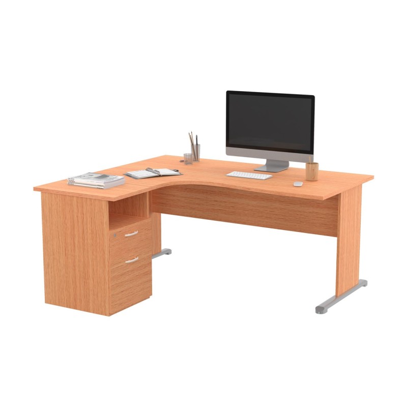 Pack Bureau d'angle compact retour à gauche Pronto Bois - L.160 x P.100 cm - Plateau Hêtre - Pieds L Hêtre + Caisson hauteur bureau