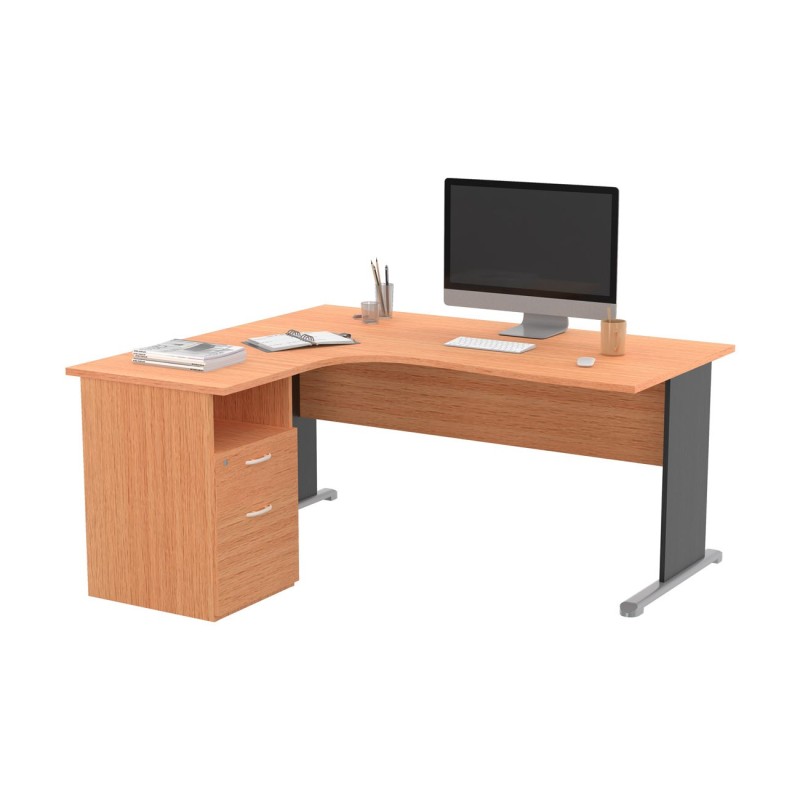 Pack Bureau d'angle compact retour à gauche Pronto Bois - L.160 x P.100 cm - Plateau Hêtre - Pieds L Noir + Caisson hauteur bureau