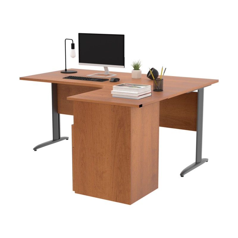 Pack Bureau d'angle compact retour à droite Pronto Métal - L.160 x P.100 cm - Plateau Aulne - Pieds L Anthracite + Caisson hauteur bureau