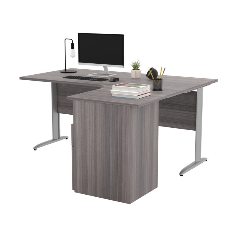 Pack Bureau d'angle compact retour à droite Pronto Métal - L.160 x P.100 cm - Plateau Cendre - Pieds L Aluminium + Caisson hauteur bureau