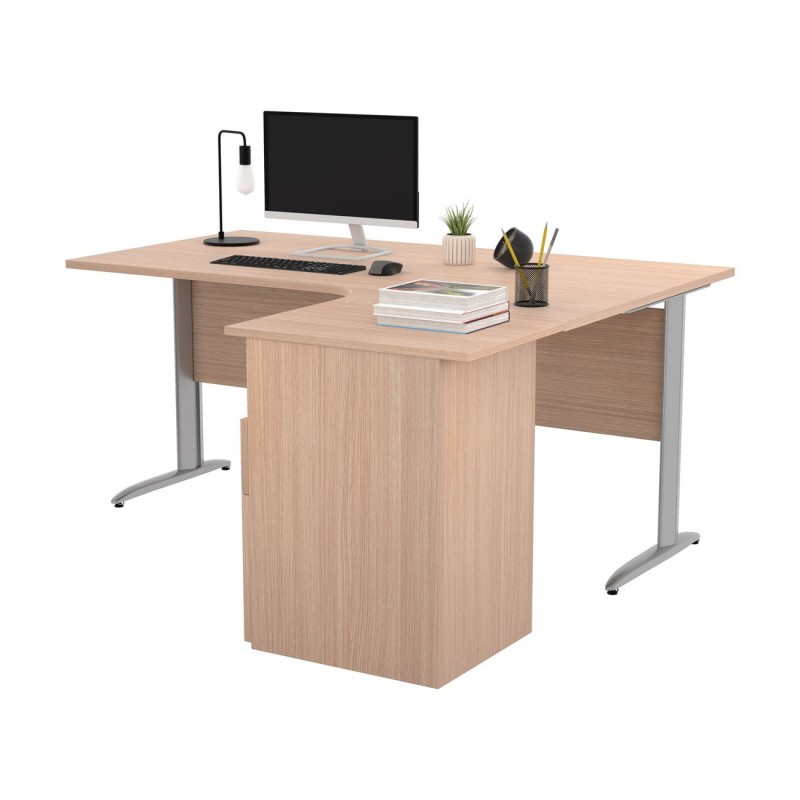 Pack Bureau d'angle compact retour à droite Pronto Métal - L.160 x P.100 cm - Plateau Chêne - Pieds L Aluminium + Caisson hauteur bureau