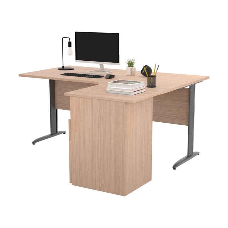 Pack Bureau d'angle compact retour à droite Pronto Métal - L.160 x P.100 cm - Plateau Chêne - Pieds L Anthracite + Caisson hauteur bureau