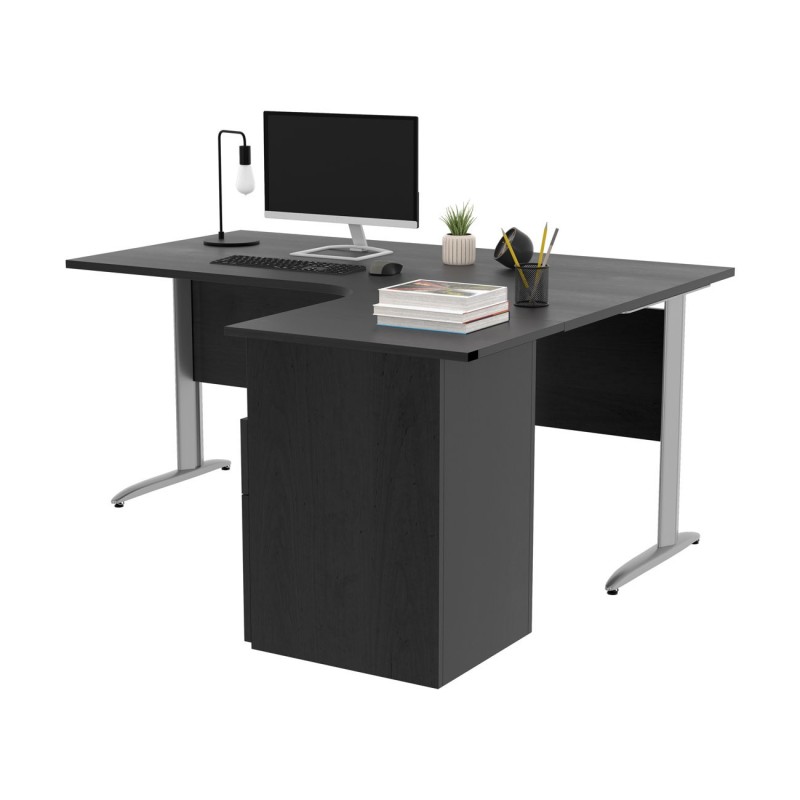 Pack Bureau d'angle compact retour à droite Pronto Métal - L.160 x P.100 cm - Plateau Noir - Pieds L Aluminium + Caisson hauteur bureau