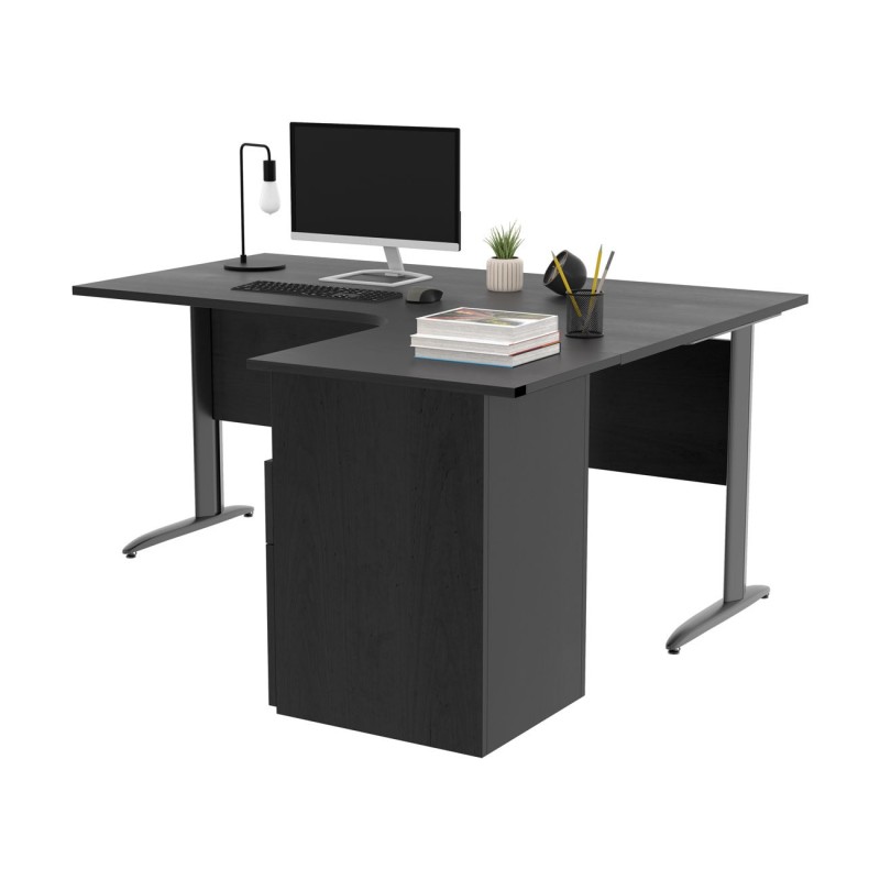 Pack Bureau d'angle compact retour à droite Pronto Métal - L.160 x P.100 cm - Plateau Noir - Pieds L Anthracite + Caisson hauteur bureau