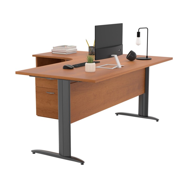 Pack Bureau d'angle compact retour à gauche Pronto Métal - L.160 x P.100 cm - Plateau Aulne - Pieds L Anthracite + Caisson hauteur bureau