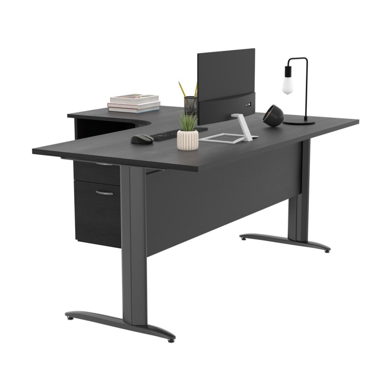 Pack Bureau d'angle compact retour à gauche Pronto Métal - L.160 x P.100 cm - Plateau Noir - Pieds L Anthracite + Caisson hauteur bureau