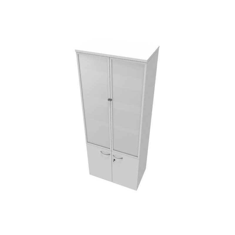 Meuble haut vitrine E-Link - H.202 x L.80 cm - 2 portes basses - Portes hautes Verre - Blanc
