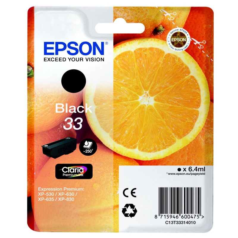Epson 33 ''Oranges'' Cartouche d'encre originale Claria Premium C13T33314012 - Noir