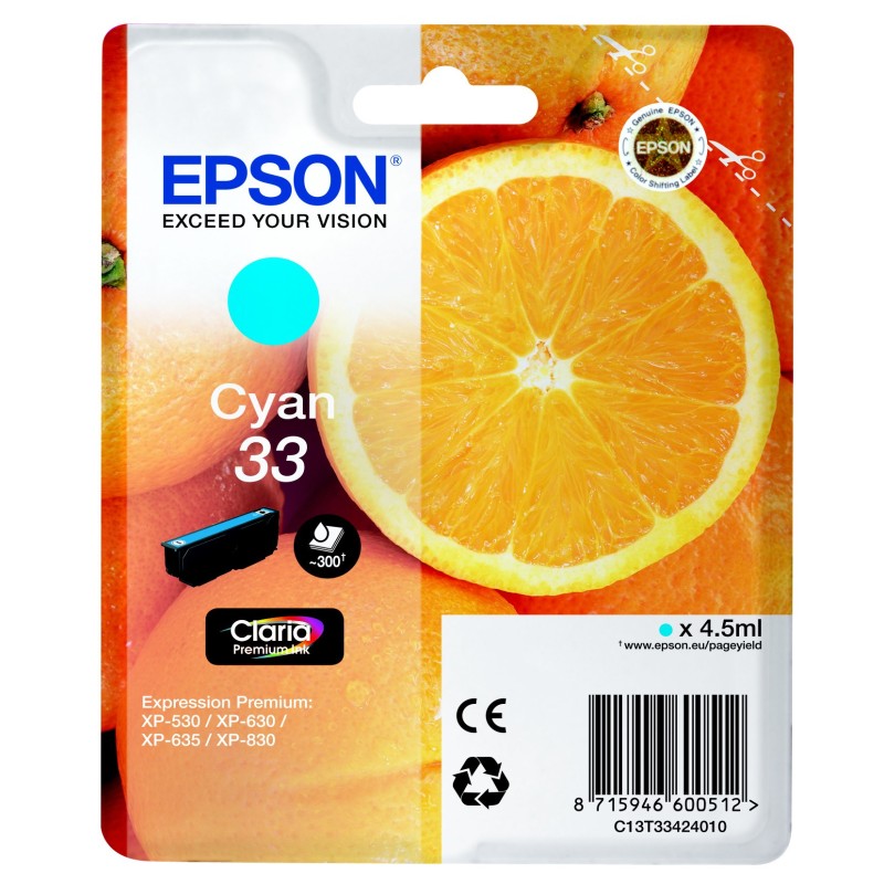Epson 33 ''Oranges'' Cartouche d'encre originale Claria Premium C13T33424012 - Cyan