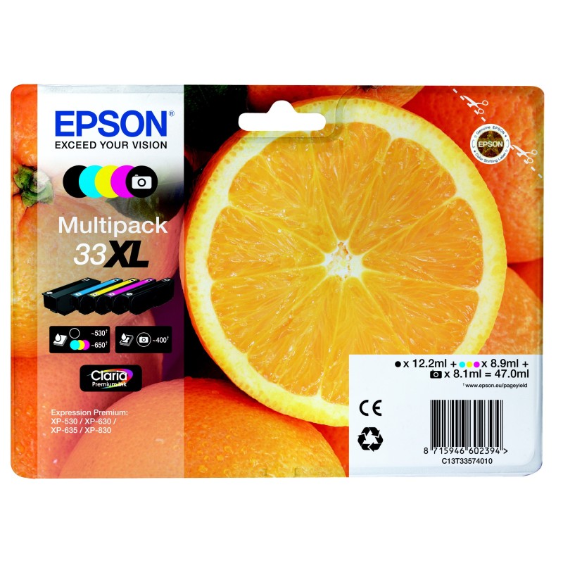 Epson 33 XL "Oranges" Cartouche d'encre originale grande capacité Claria Premium C13T33574011 - Pack de 5 (Noir, Noir Photo, Cyan, Magenta, Jaune)