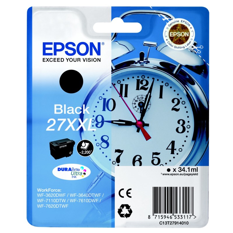 Epson 27 XXL "Réveil" Cartouche d'encre originale grande capacité DURABrite Ultra C13T27914012 - Noir
