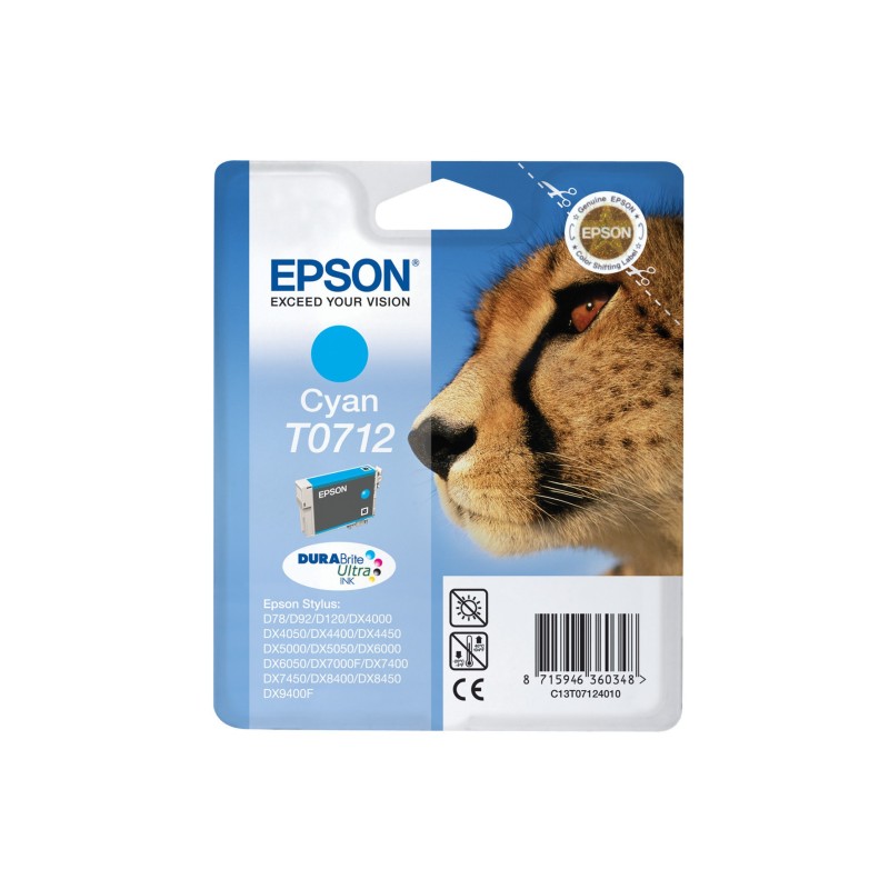 Epson T0712 "Guépard" Cartouche d'encre originale DURABrite Ultra C13T07124012 - Cyan