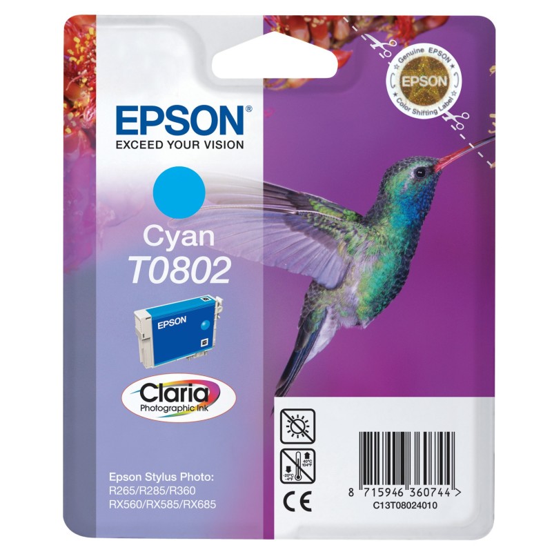 Epson T0802 "Colibri" Cartouche d'encre originale Claria C13T08024011 - Cyan