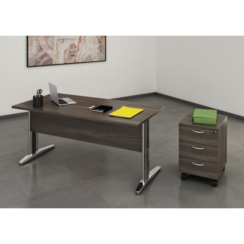 Pack Bureau droit Pronto Métal - L.140 x P.80 cm - Plateau Cendre - Pieds L Chrome + Caisson mobile 3 tiroirs
