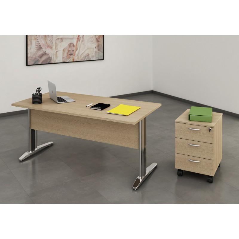 Pack Bureau droit Pronto Métal - L.140 x P.80 cm - Plateau Chêne - Pieds L Chrome + Caisson mobile 3 tiroirs