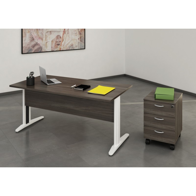 Pack Bureau droit Pronto Métal - L.140 x P.80 cm - Plateau Cendre - Pieds L Blanc + Caisson mobile 3 tiroirs