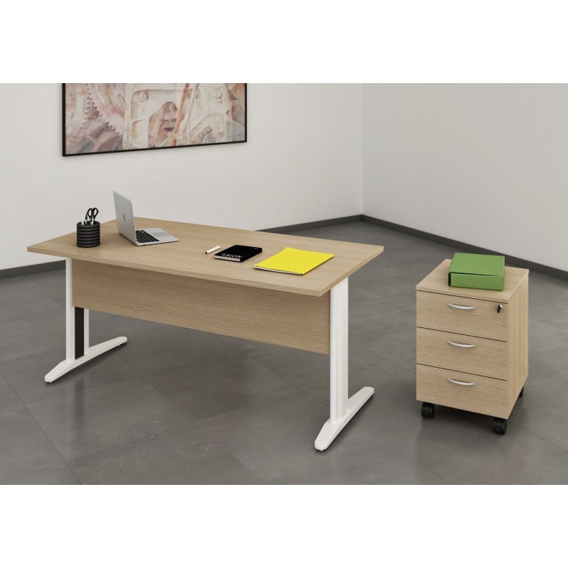 Pack Bureau droit Pronto Métal - L.140 x P.80 cm - Plateau Chêne - Pieds L Blanc + Caisson mobile 3 tiroirs