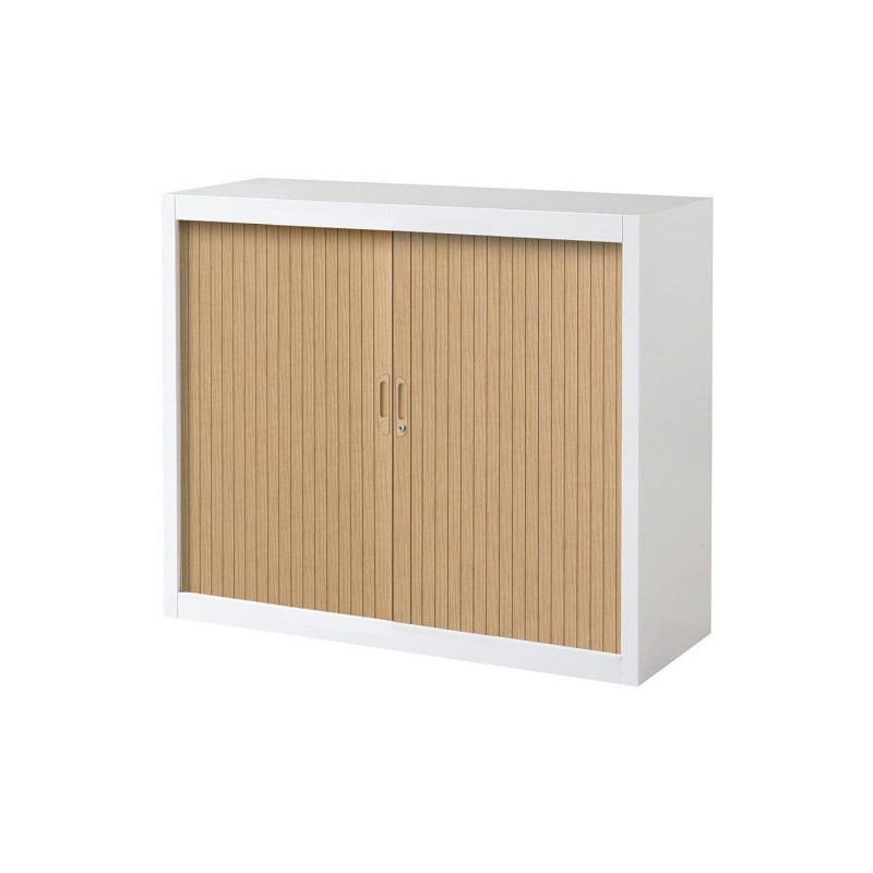 Armoire à rideaux métal Officlass - H.100 x L.120 cm - Corps Blanc - Rideaux Chêne clair