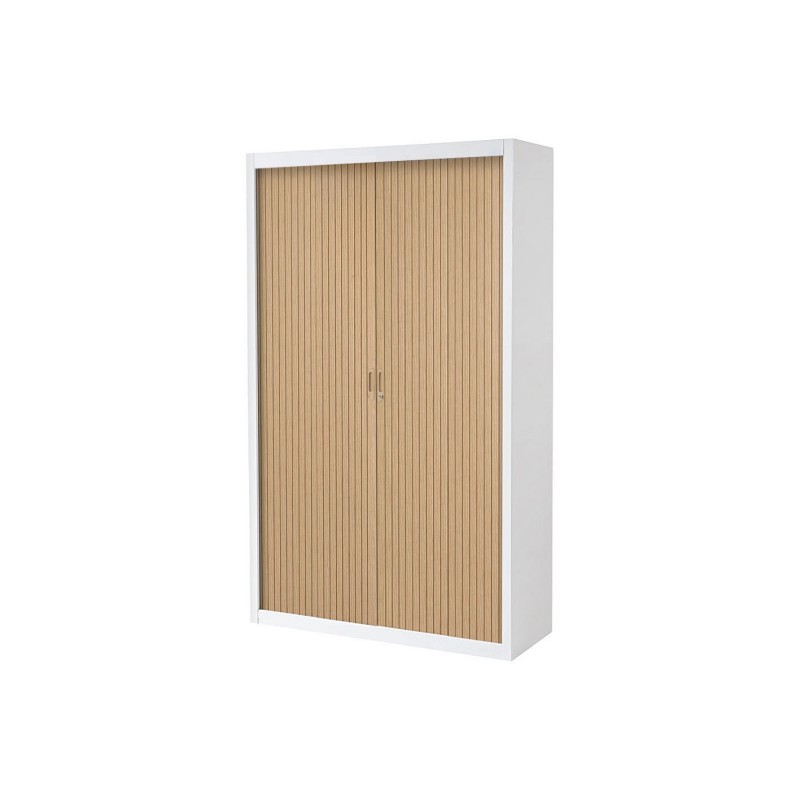 Armoire à rideaux métal Officlass - H.200 x L.120 cm - Corps Blanc - Rideaux Chêne clair