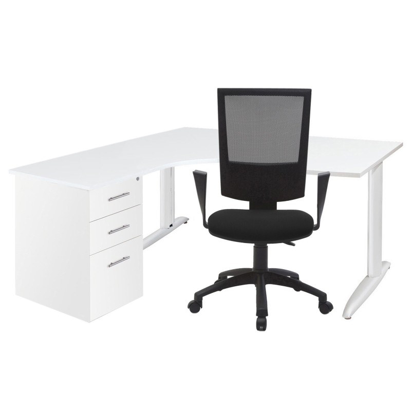 Pack Poste de travail complet Actual : Bureau compact retour à gauche L.160 x P.120 cm Blanc + Caisson hauteur bureau blanc + Siège Noir