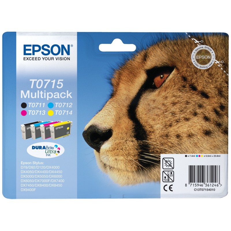 Epson T0715 "Guépard" Cartouche d'encre originale DURABrite Ultra C13T07154012 - Pack de 4 (Noir, Cyan, Magenta, Jaune)