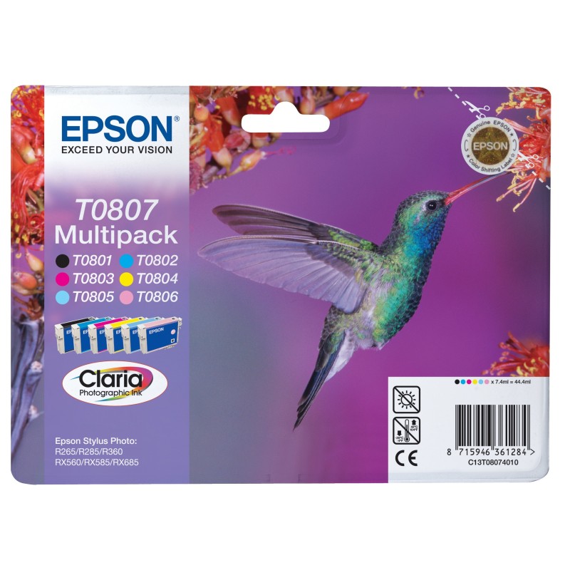 Epson T0807 "Colibri" Cartouche d'encre originale Claria C13T08074011 - Pack de 6 (Noir, Cyan, Magenta, Jaune, Cyan clair, Magenta clair)