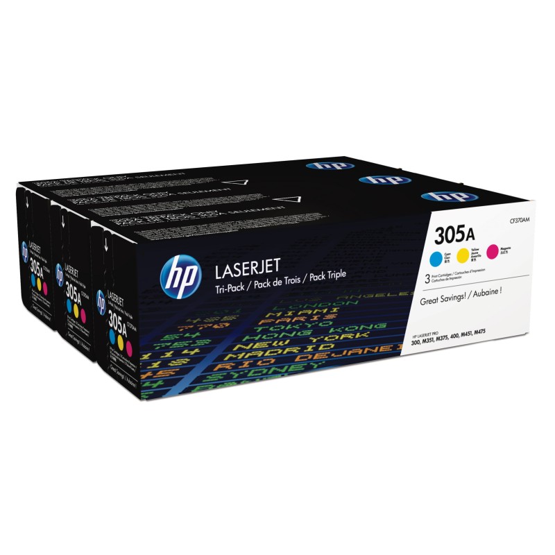 HP 305A Toner authentique CF370AM - Pack de 3 (Cyan, Magenta, Jaune)