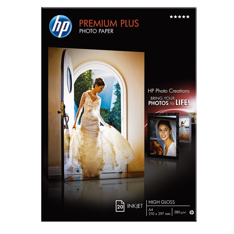 HP Papier photo brillant A4 blanc 280g Premium Plus pour Jet d'encre - Boîte de 20 feuilles