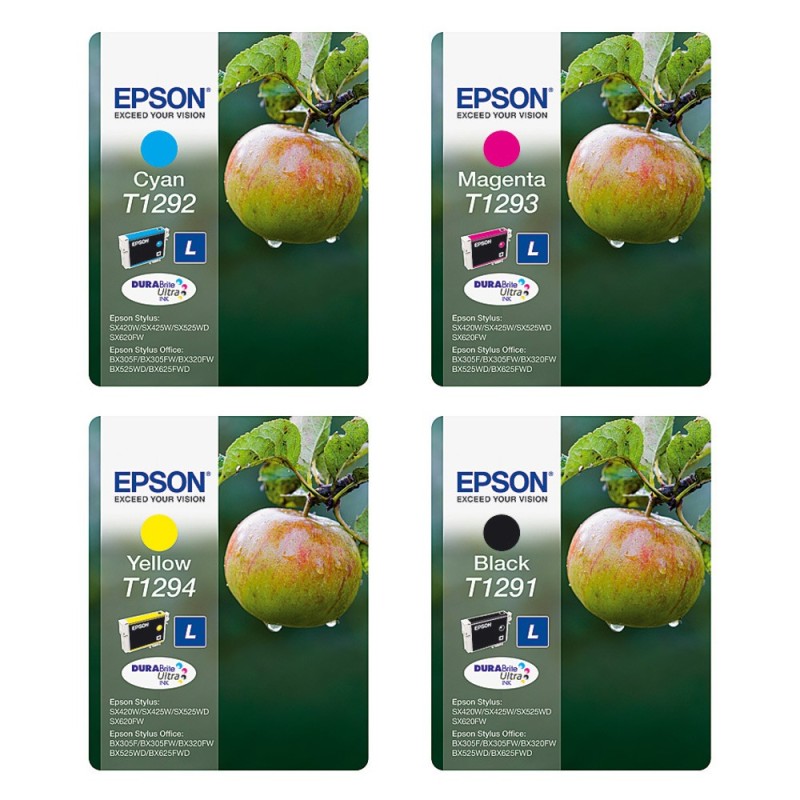 Epson T1295 "Pomme" Cartouche d'encre originale DURABrite Ultra C13T12954012 - Pack de 4 (Noir, Cyan, Magenta, Jaune)