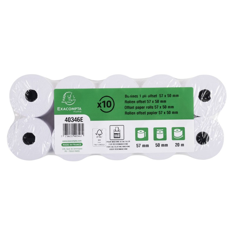 Exacompta Bobine calculatrice comptable 57 x 50 x 12 mm - Longueur 20M - 40346E - Rouleau Papier offset 1 pli 60g - Lot de 10