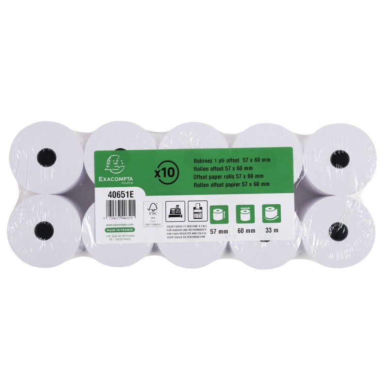 Exacompta Bobine tickets de caisse et calculatrice 57 x 60 x 12 mm - Longueur 30M - 40651E - Rouleau Papier offset 1 pli 60g - Lot de 10