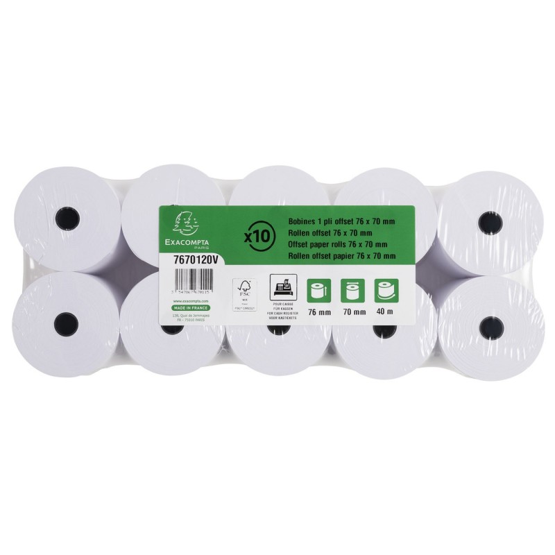 Exacompta Bobine tickets de caisse 76 x 70 x 12 mm - Longueur 40M - 7670120V - Rouleau Papier offset 1 pli 60g - Lot de 10