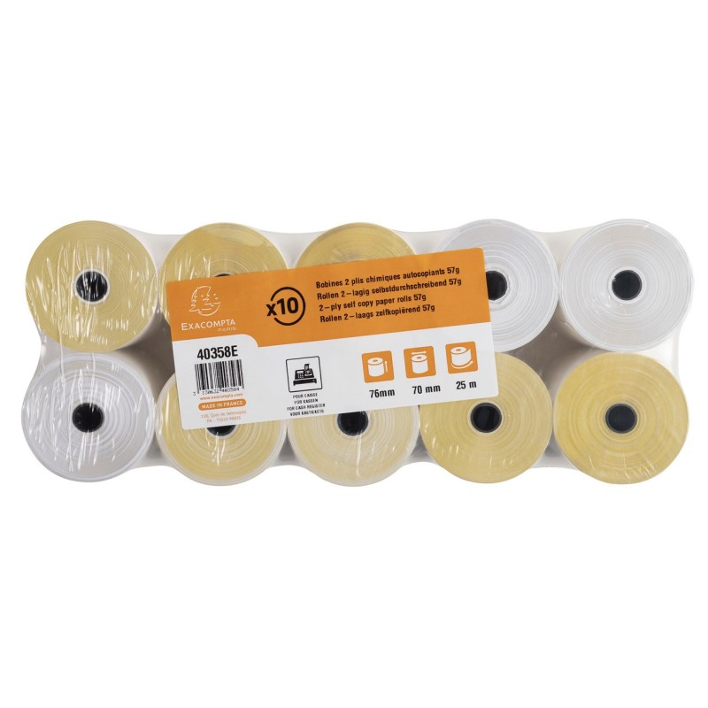 Exacompta Bobine tickets de caisse 76 x 70 x 12 mm - Longueur 25M - 40358E - Rouleau Papier chimique autocopiant 2 plis 57g - Lot de 10