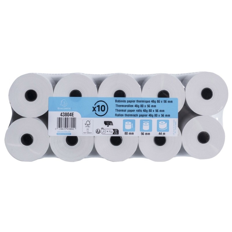 Exacompta Bobine balance 80 x 56 x 12 mm - Longueur 44M - 43804E - Rouleau Papier thermique 1 pli 48g sans Bisphénol A - Lot de 10